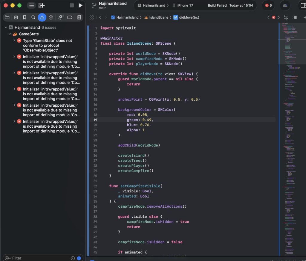 HajimariIslandのビルド失敗と6件のエラーが表示されたXcode