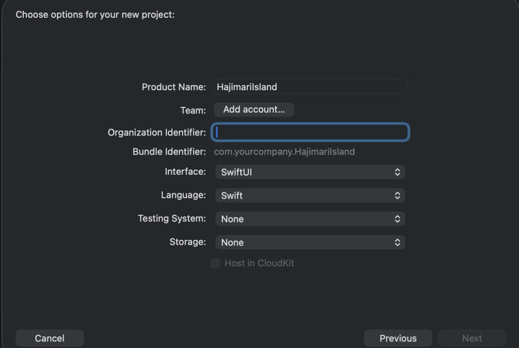 Xcodeの新規プロジェクト画面でProduct NameにHajimariIslandと入力した様子