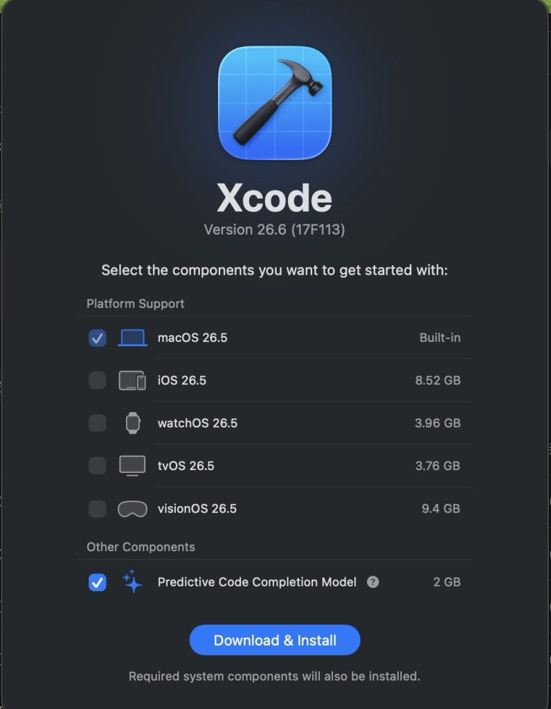 2026年7月18日、iOSコンポーネントの導入を待つXcode 26.6の画面