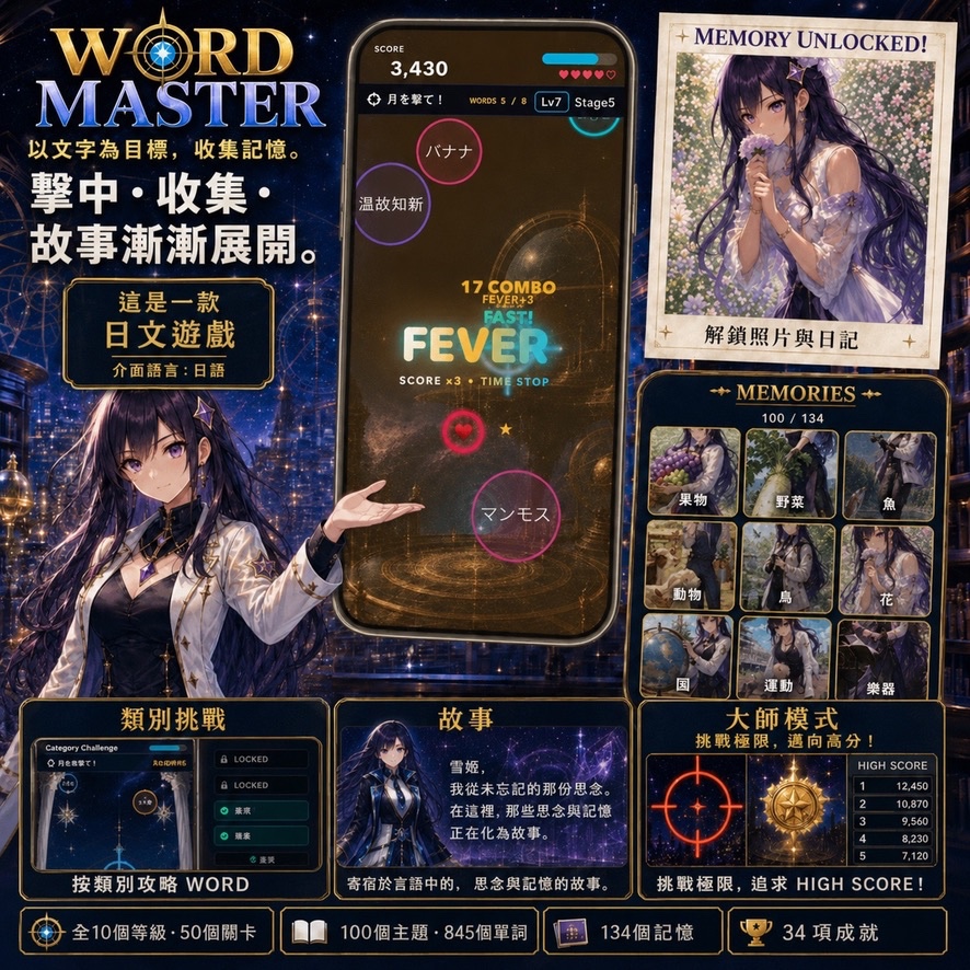 WORD MASTERの遊び方と機能を繁体字で紹介する正方形の告知画像