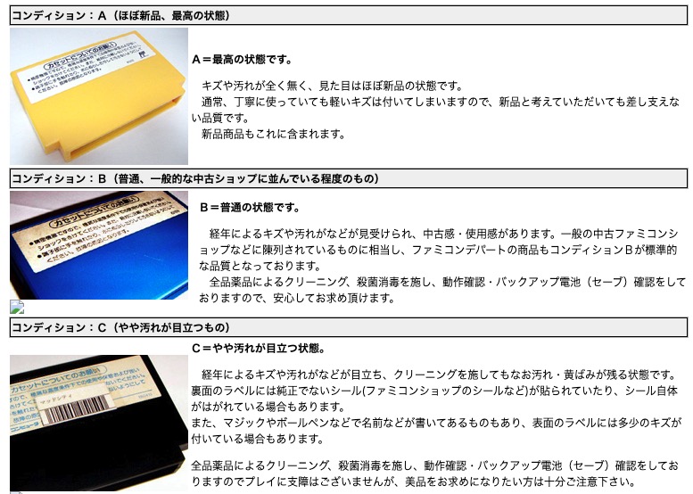 中古ファミコンソフトの状態をA・B・Cで示した商品説明